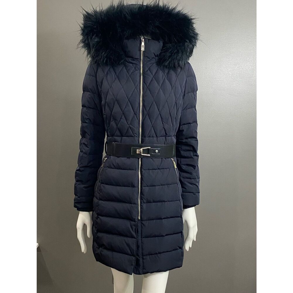 Ivanka Trump Navy Duck Down Belted Hooded Puffer Coat with Faux Fur Trim Size M